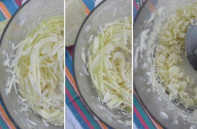 Three images side-by-side showing sliced cabbages inside a food processor in different sizes with different blades from thickest to thinnest arranged from left to right. | MakeSauerkraut.com