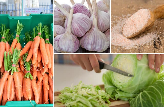 Four image collage of a bunch of fresh carrots at the left, bundles of garlic at the top middle part, hand holding a knife to slice cabbages at the bottom middle and a wooden scoop with pink Himalayan salt. | MakeSauerkraut.com