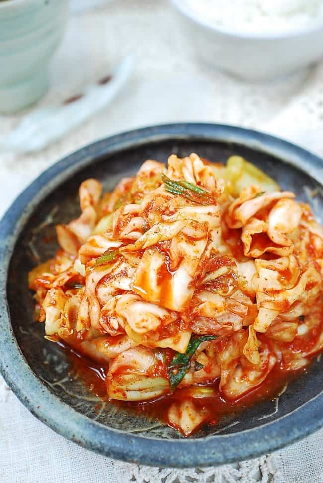 Bowl of green cabbage kimchi from a recipe by Korean Bapsang. | MakeSauerkraut.com