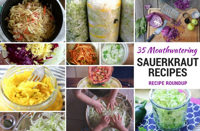 11 picture collage of different sauerkraut recipe with a label of "35 Mouthwatering Sauerkraut Recipe: Recipe Roundup". | MakeSauerkraut.com