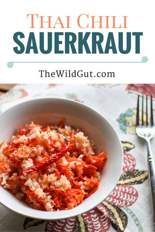 Image showing "Thai Chill Sauerkraut The WildGut.com" as header and a picture of a bowl of Thai Chill Sauerkraut inside white bowl and fork at the side. | MakeSauerkraut.com