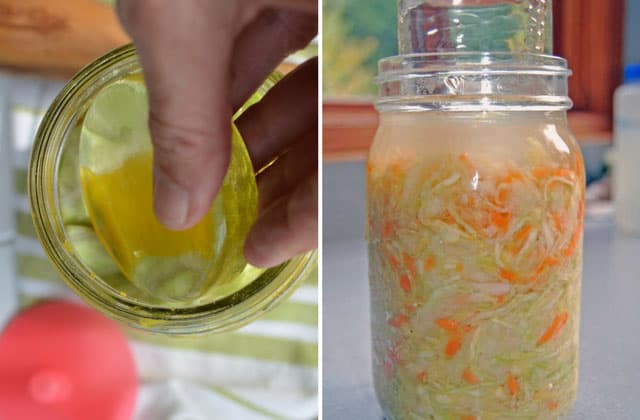 Two image side-by-side with the left image showing a finger holding a glass fermentation weight over the mouth of a glass jar and the right image showing the front view of a filled glass jar with sauerkraut. | MakeSauerkraut.com