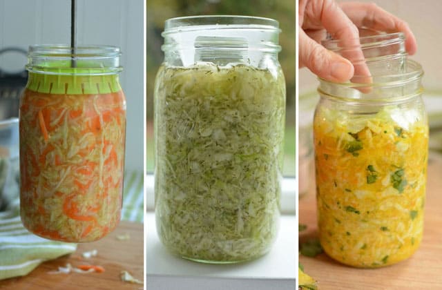 Collage of three images of glass jars filled with different kinds of sauerkraut and three different fermentation gates inside. | MakesSuerkraut.com