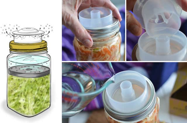 A four picture collage with the left most picture showing a cartoon illustration of a glass jar and the Ferment'n lid, while the other three pictures showing real images of the Ferment'n that's a two piece plastic lid and ceramic weight. | MakeSauerkraut.com