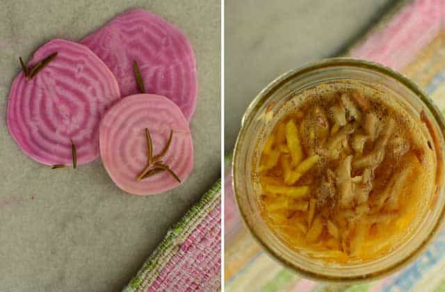 Two pictures side by side with three sliced beets in a circular shape topped with rosemary leaves on the left and the top of vie of a glass jar with fermented beets inside on the right. | MakeSauerkraut.com