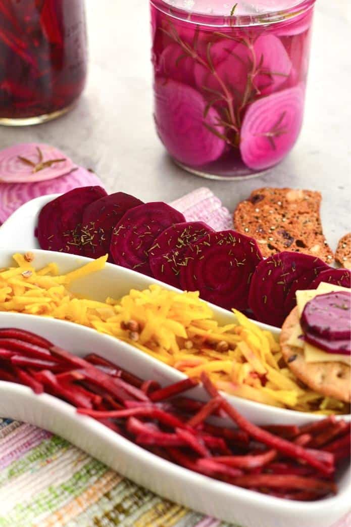 A tray of three styles of fermented beets. | MakeSauerkraut.com