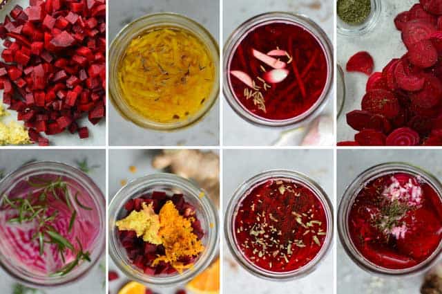 Top view of 8 fermented beets of different flavors in glass jars. | MakeSauerkraut.com