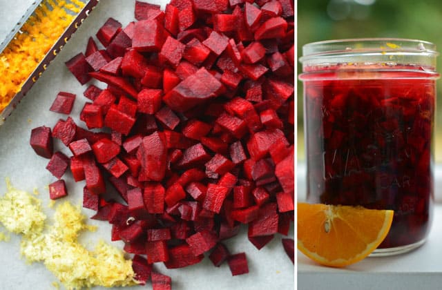 Two image side-by-side with the left image showing pile of diced red beets with grated ginger on the bottom left of the picture and the right image showing the front view of the glass jar with the diced beets and an orange slice before the jar. | MakeSauerkraut.com