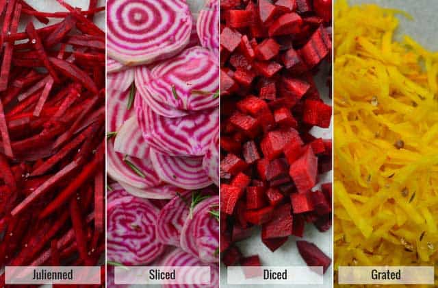 A four picture collage of  julienned beets, sliced, diced, and grated beets. | MakeSauerkraut.com