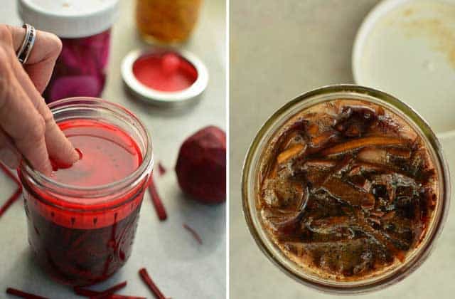 Two image side by side with the left image showing a hand with fingers dipping inside the glass jar with fermented beets to insert the pickle pusher and the right side showing the top view of a browning fermented beets. | MakeSauerkraut.com