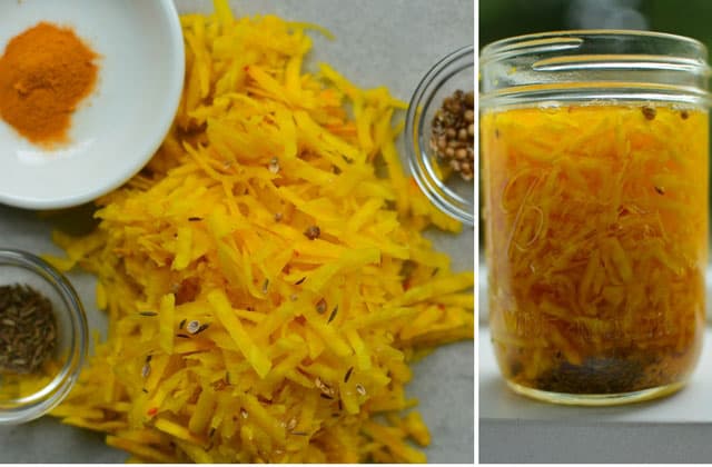 Two images with the left image showing pile of grated yellow beets with a small white plate with turmeric powder and two small glass bowls on the bottom left and top right of the picture with herbs and the right image showing the front view of a glass jar with yellow grated beets in brine. | MakeSauerkraut.com