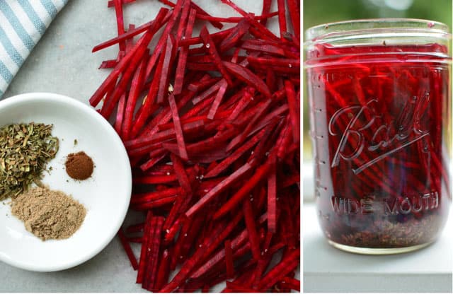 Two images side-by-side with the left image showing pile of fresh beets in Julienned cut and a white plate with three different herbs and seasonings and the right image showing a front view of a glass jar filled with julienned beets in brine. | MakeSauerkraut.com