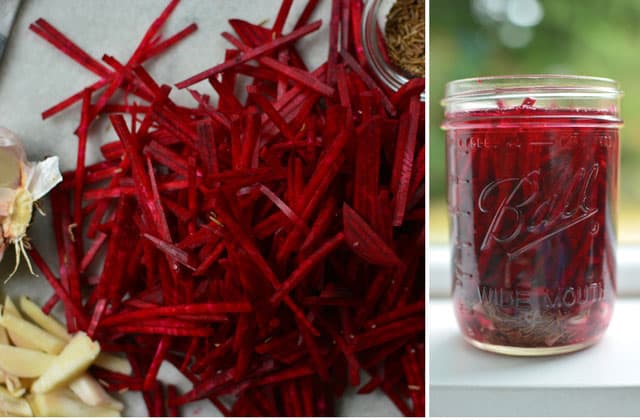 Two images side-by-side, the image on the left is a pile of Julienned beets and some garlic cloves at the bottom left and a front view of a glass jar with the Julienned beets submerged in brine. | MakeSauerkraut.com