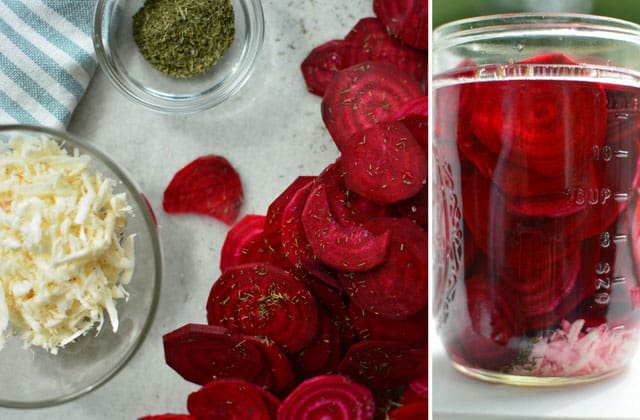 Two pictures side-by-side with the left picture showing sliced red beets and two glass bowls with grated white vegetable and the other bowl with herb, and the right image showing sliced red beet inside a glass jar submerged in brine. | MakeSauerkraut.com