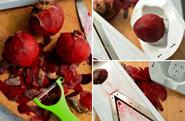 Three picture collage with the left image showing three peeled beets with a green peeler on top of the peels, top right image showing a peeled beet in mandoline slicer and the bottom right image showing a used mandoline with a used up beet. | MakeSauerkraut.com