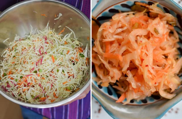 Two images side-by-side. left image showing ingredients for sauerkraut in a metal bowl and the right image showing fermented orange sauerkraut. | MakeSauerkraut.com