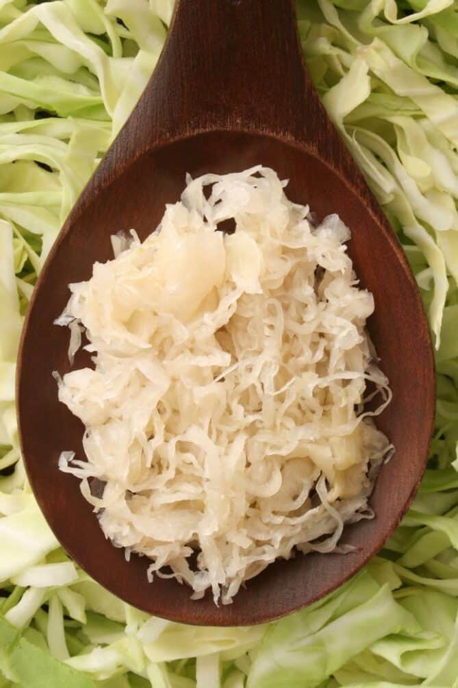 Spoon of sauerkraut on bed of sliced cabbage. | MakeSauerkraut.com