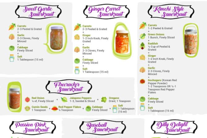 7 Sauerkraut Recipes on one quick reference sheet. Post on your fridge. | makesauerkraut.com