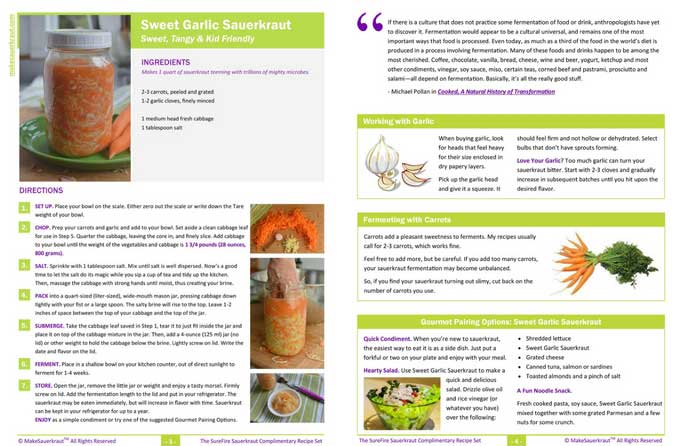 An image spread of PDF recipe for Sweet Garlic Sauerkraut. | MakeSauerkraut.com