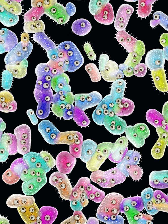 Cartoon illustration of bacteria with googly eyes, feelers and colorful bodies. | MakeSauerkraut.com