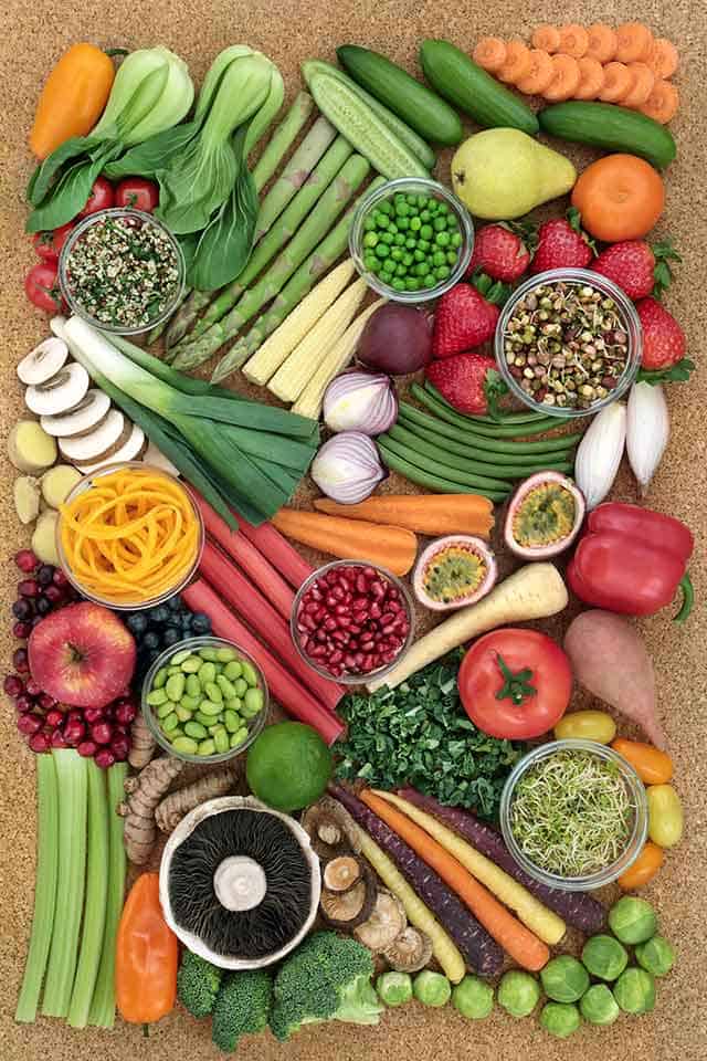 Top view of different vegetables and fruits rich in fiber. | MakeSauerkraut.com