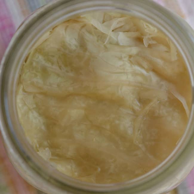 Top view view of a plain sauerkraut without using any fermentation weight at day 7. | MakeSauerkraut.com