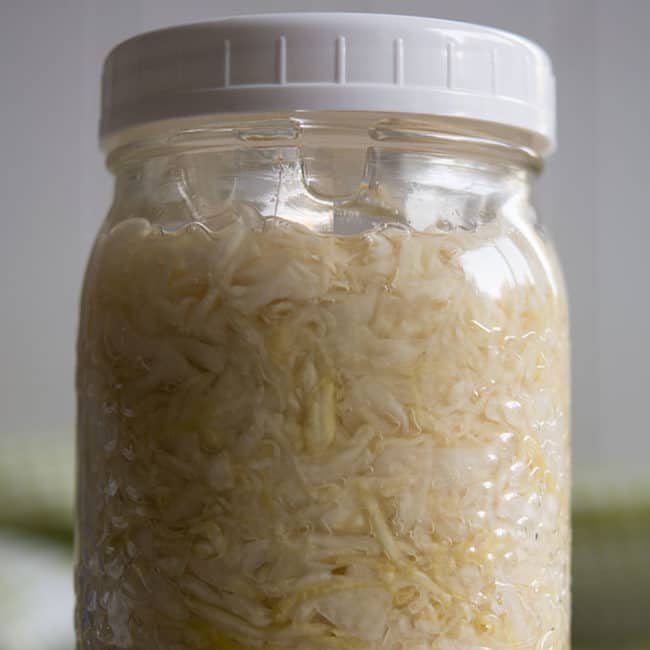 Front view view of a plain sauerkraut using Easy Weight as fermentation weight at day 14. | MakeSauerkraut.com