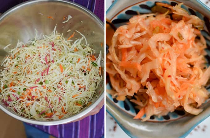 Two images side-by-side. left image showing ingredients for sauerkraut in a metal bowl and the right image showing fermented kimchi style sauerkraut. | MakeSauerkraut.com