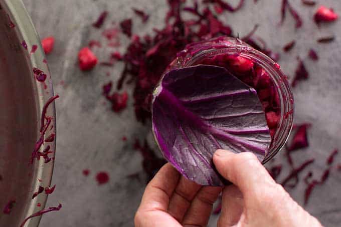 Adding floaties trap to Ruby-Red Red-Cabbage Sauerkraut. | makesauerkraut.com