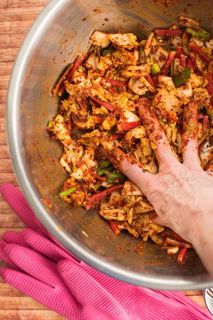 Hand Mixing cabbage and red pepper seasoning paste in a metal bowl to make traditional square-cut kimchi (Mak Kimchi). | MakeSauerkraut.com