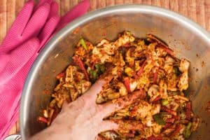 Making traditional square-cut kimchi (Mak Kimchi). Mixing cabbage and red pepper seasoning paste. | Makesauerkraut.com