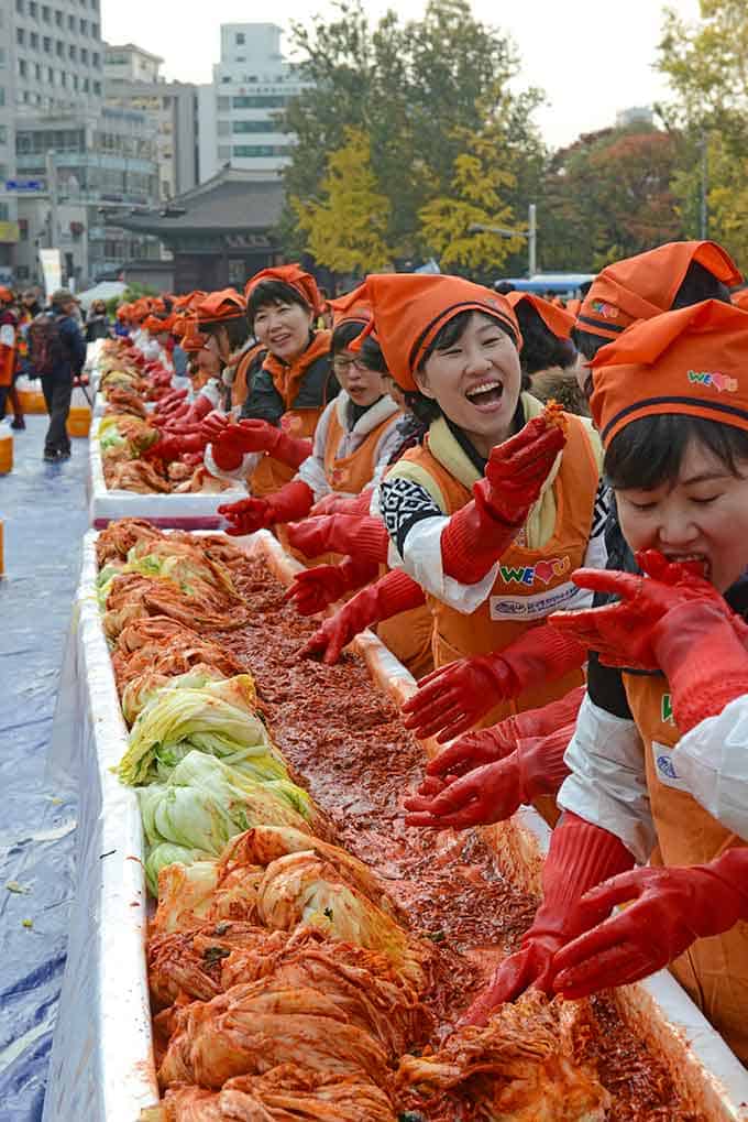 Korean women in orange bandannas and vests making traditional square-cut kimchi (Mak Kimchi) on KimJang day, Korea. | MakeSauerkraut.com