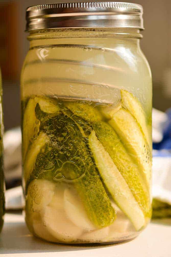Front view of PickleHelix used in a jar of fermenting cucumber pickles. | MakeSauerkraut.com