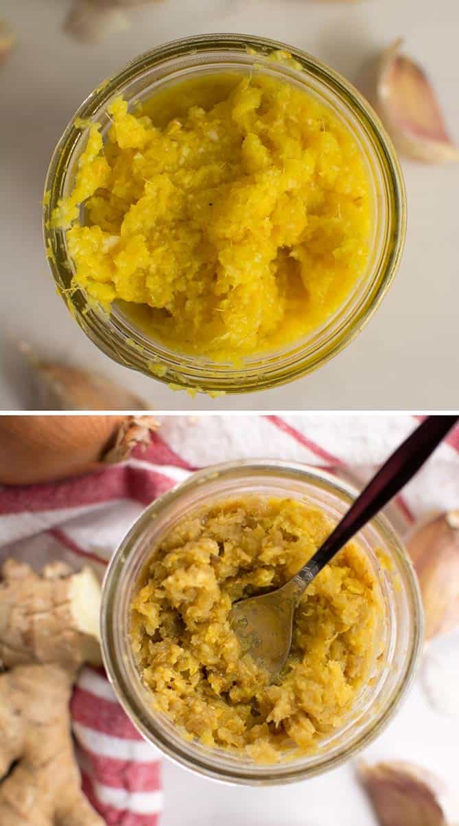 2 top image comparison of fermented garlic paste at Day 0 and after 2 weeks of fermentation. | Makesauerkraut.com