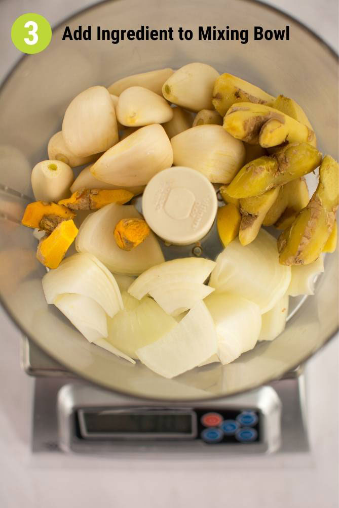 Top view of  ingredients inside a mixing bowl over a MyWeigh KD-8000. | Makesauerkraut.com