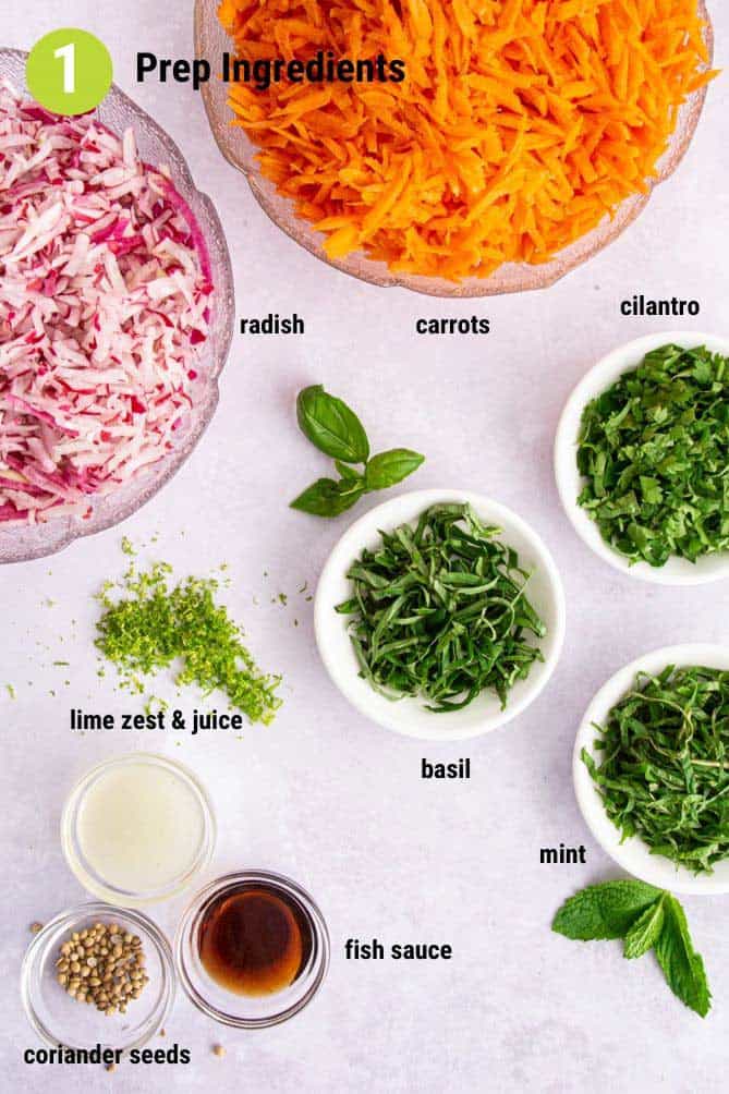 Various prepared vegetables and herbs in bowls on white background. | MakeSauerkraut.com