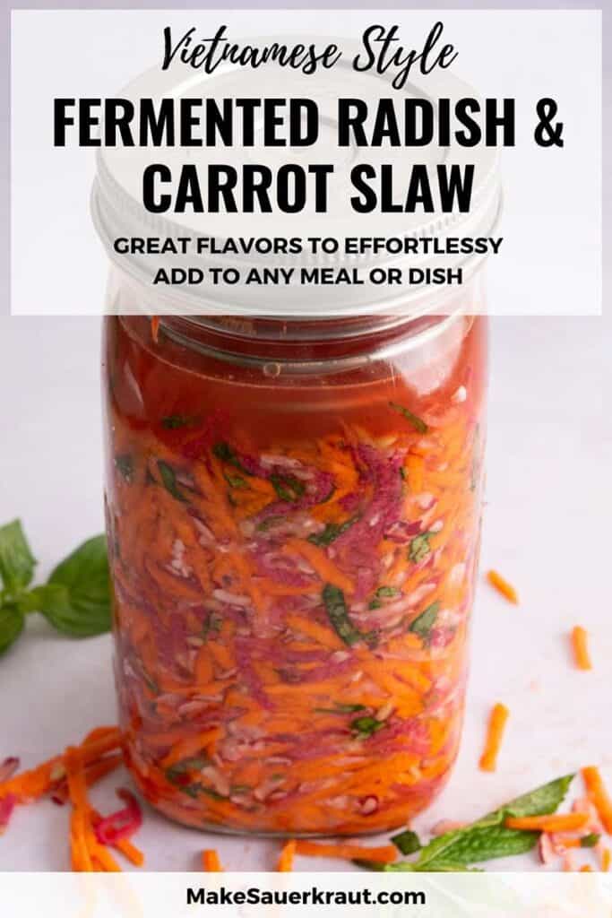 Finished packed jar of ingredients for Fermented Radish and Carrots Slaw. | MakeSauerkraut.com