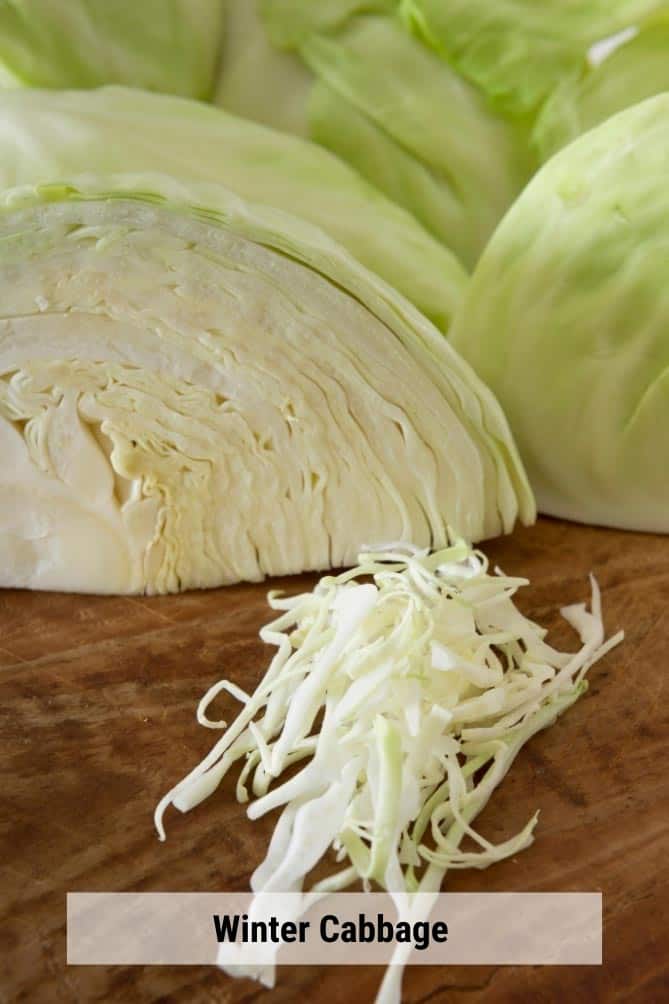Chunk of winter cabbage on cutting board with a few strands of cabbage. | MakeSauerkraut.com