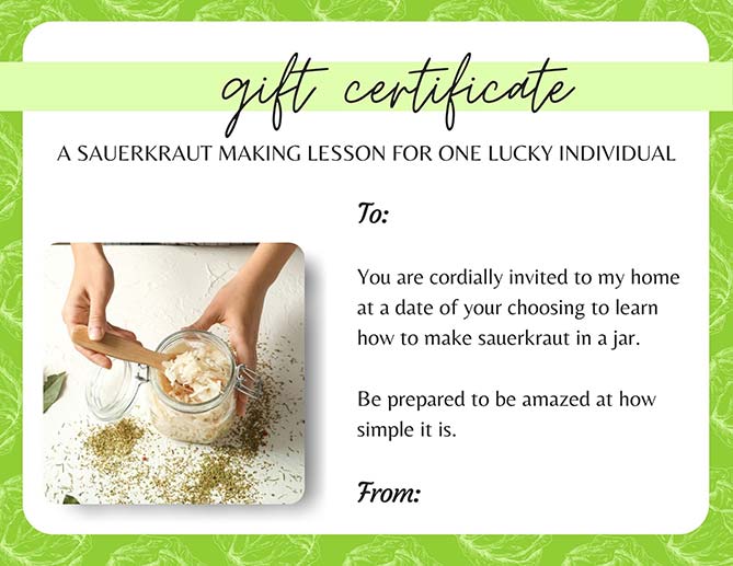 A green and white gift certificate for a sauerkraut making lesson. | MakeSauerkraut.com
