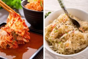 Serving of kimchi alongside a serving of sauerkraut. What are the differences between the two?