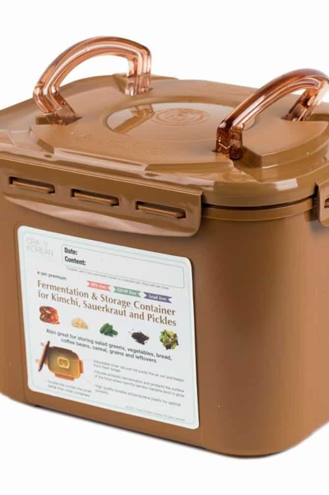 Brown, oblong plastic fermentation pot, with lid, for kimchi. | MakeSauerkraut.com