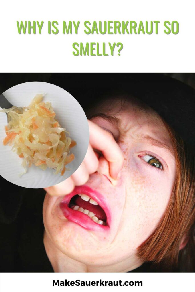 Woman with plugged nose next to serving of sauerkraut. | MakeSauerkraut.com