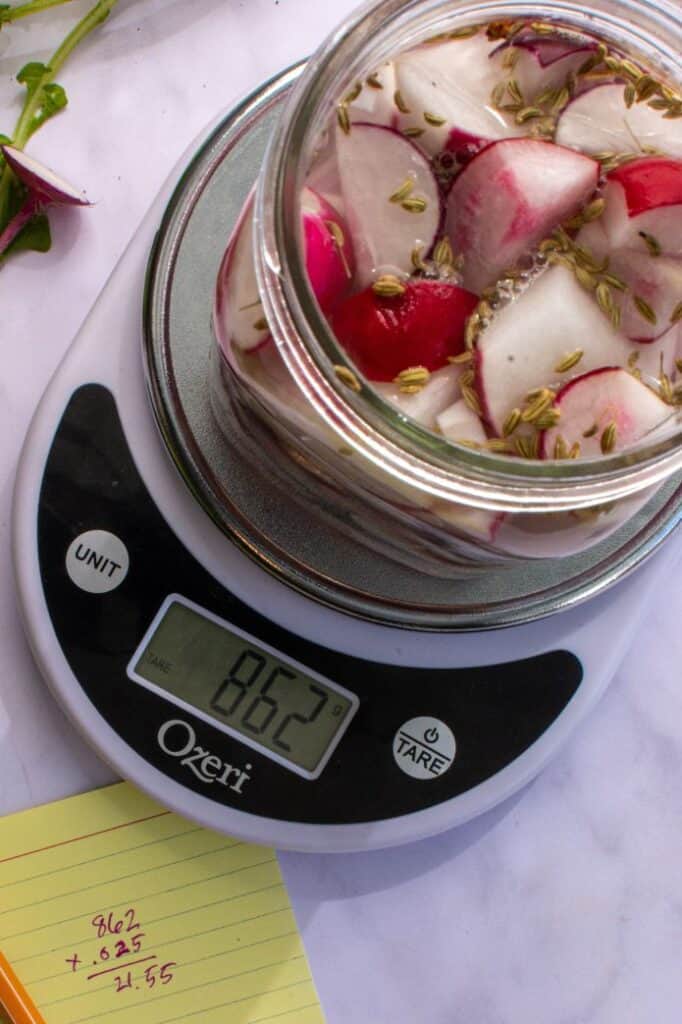Glass jar packed with radish quarters sitting on a scale. | MakeSauerkraut.com