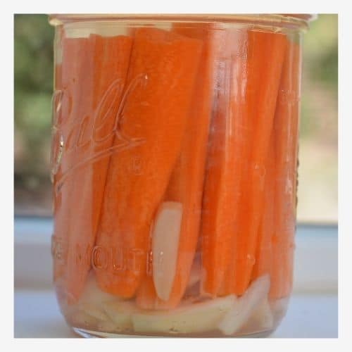 Jar of carrot sticks with garlic. | MakeSauerkraut.com