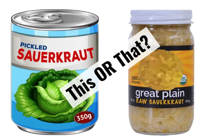 A can of canned sauerkraut next to a jar of live sauerkraut. | MakeSauerkraut.com