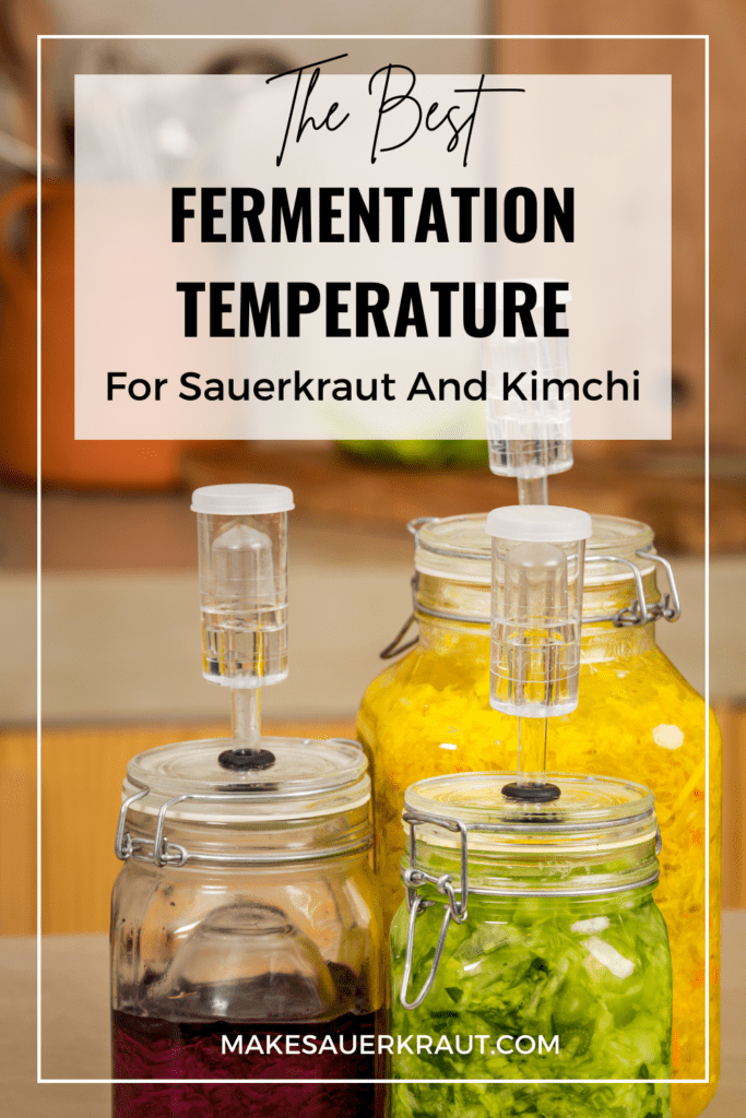 Three bottles of fermented vegetables with overlay text The Best Fermentation Temperature For Sauerkraut And Kimchi | MakeSauerkraut.com