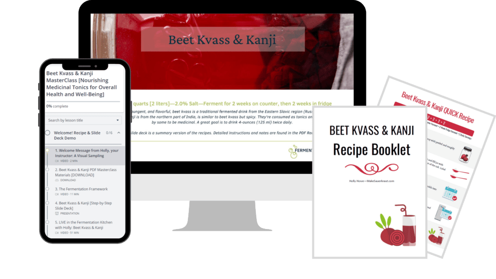 Course page on computer monitor, lessons on phone and sample pdfs. | MakeSauerkraut.com