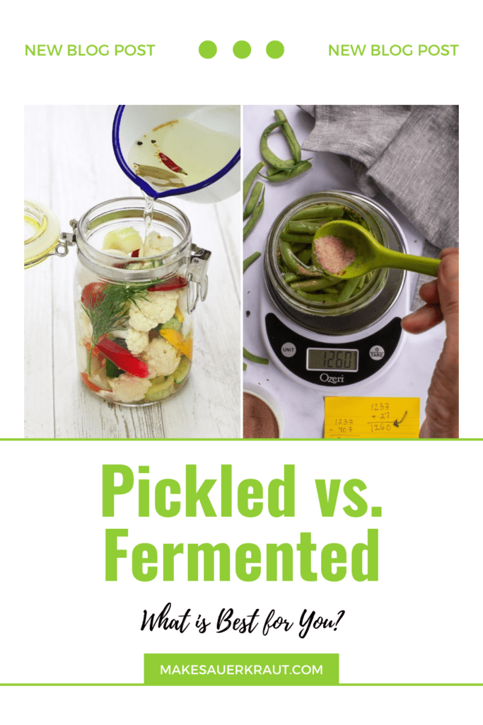 Image on the left is pouring hot, seasoned vinegar over an open jar of cauliflower to pickle. Image on the right is pouring a salty brine over a jar of pickled beans. | MakeSauerkraut.com