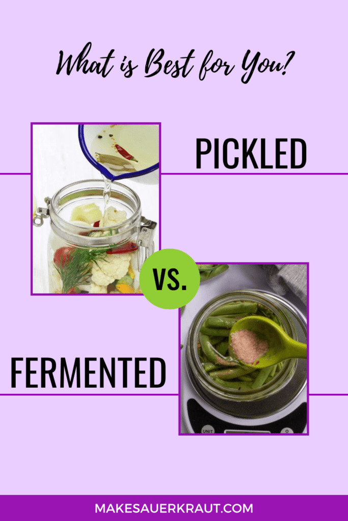 Image on the top left is pouring hot, seasoned vinegar over an open jar of cauliflower to pickle. Image on the lower right is pouring a salty brine over a jar of pickled beans. | MakeSauerkraut.com