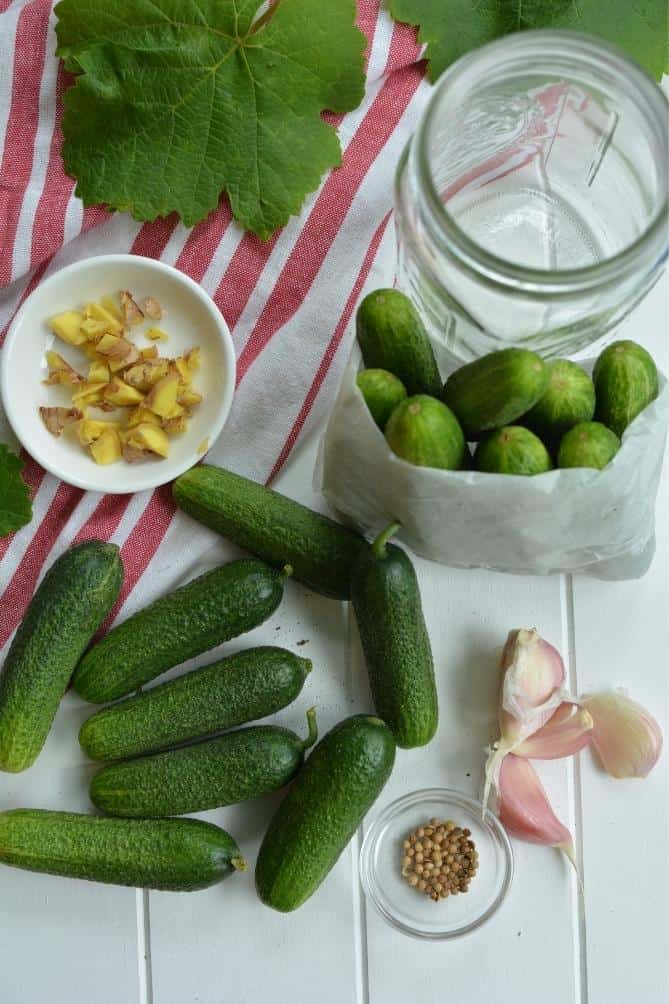 Images of cucumbers on the table, cloves of garlic, chopped ginger, peppercorns, and empty jar | MakeSauerkraut.com